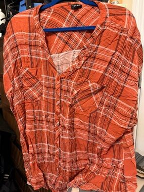 Torrid Rust Orange Plaid Shirt with Black & White Stripes